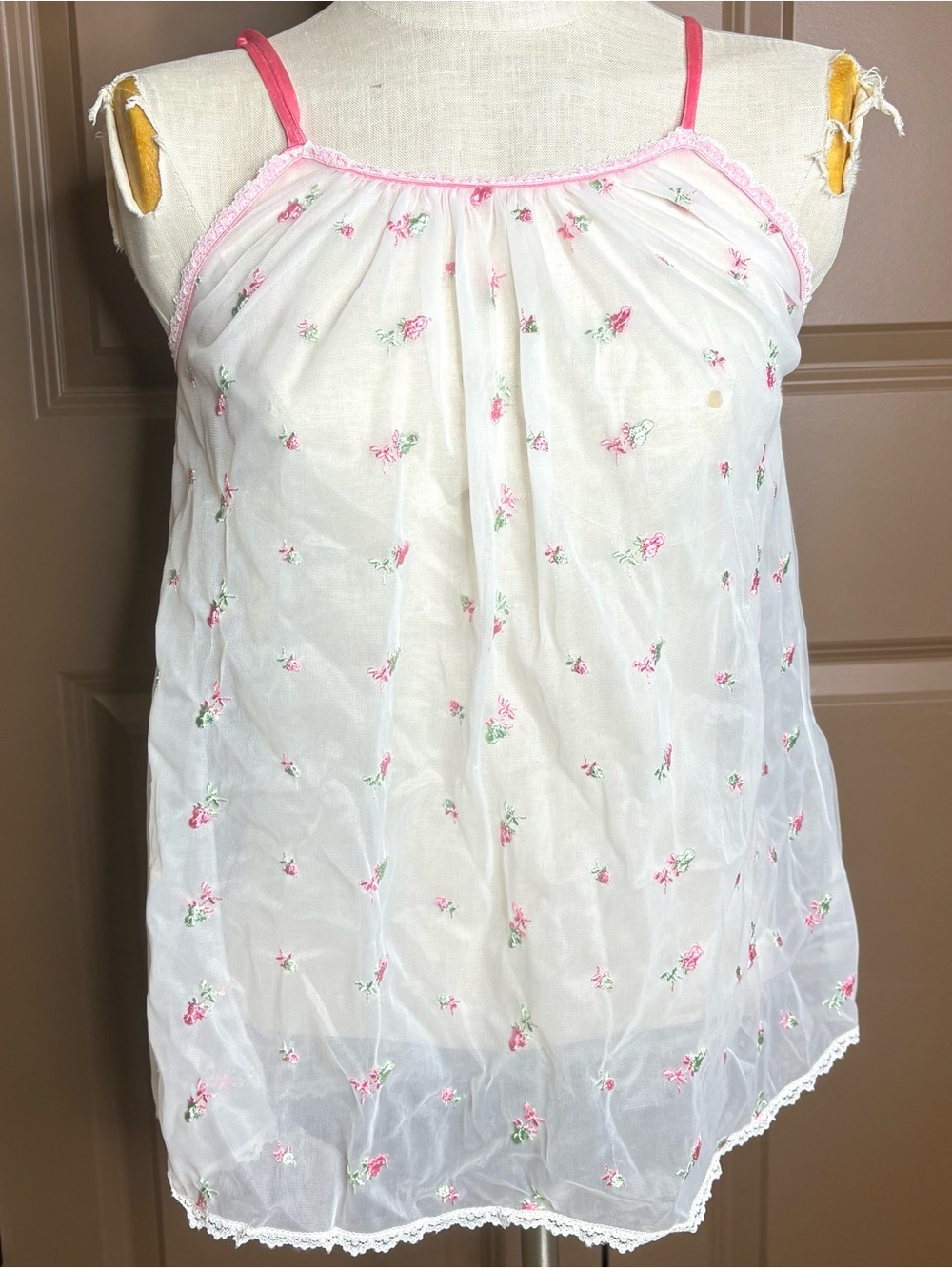 Vintage White Sheer Embroidered Babydoll Sleep Top - Picture 2 of 6